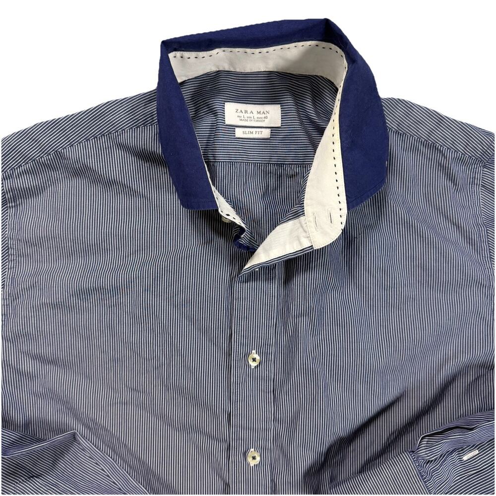 Zara Man Slim Fit Contrast Collar Striped Shirt Blue White Men Large Long Sleeve